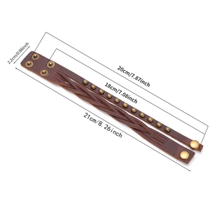 Men's retro multilayer braided brown leather bracelet with bronze rivets and snap closure