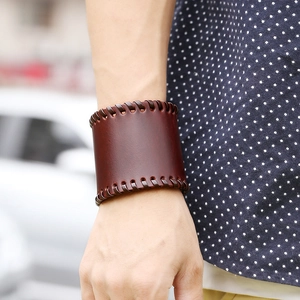 Vintage dark brown wide leather bracelet for men with woven edge punk biker style