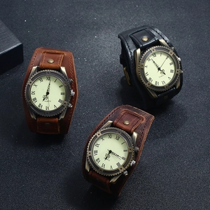 Retro quartz watches with wide genuine leather bands and metal rivets in three colors