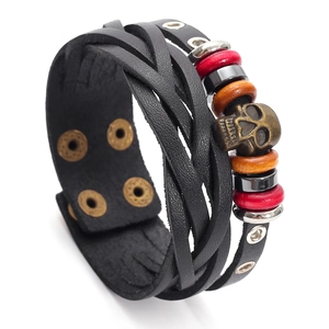 Vintage Men Cowhide Leather Bracelet Handcrafted Multi Layer Braided Wrap Alloy Skull Charm Rock Punk Style Jewelry Birthday Gift
