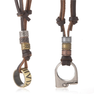 Vintage Punk Cowhide Leather Pendant Necklace For Men Women Adjustable Alloy Lighter Round Ring Roman Numerals Charm Necklace