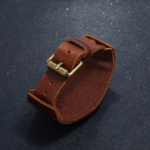 Vintage wide brown genuine leather bracelet for men with adjustable antique brass buckle