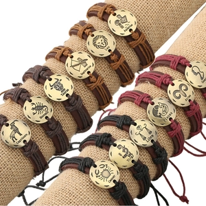 Twelve Constellations Genuine Leather Bracelet Braided Adjustable Zodiac Sign Alloy Charm Bracelet Birthday Gift Jewelry