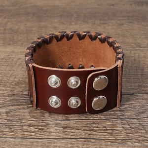 Vintage punk style dark brown multilayer woven leather bracelet with metal buckles