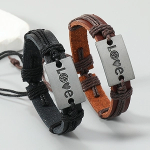 Adjustable vintage braided leather bracelet with Love metal plate and peace sign charm