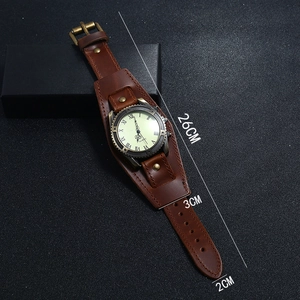 Vintage men's wide leather bracelet watch with Roman numerals and bronze rivets