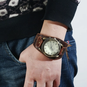 Vintage men's wide genuine leather cuff watch with retro Roman numeral dial and stitching