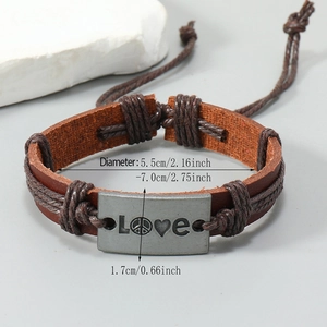 Vintage braided leather bracelet in dark brown with engraved LOVE metal plaque decoration