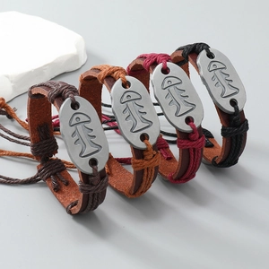 Set of 4 vintage handmade woven leather fishbone bracelets with adjustable braided cords