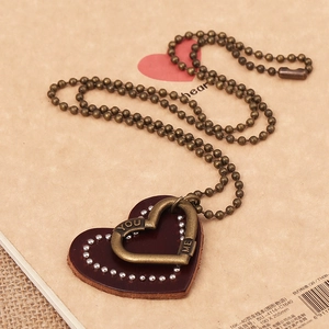 Retro leather heart pendant necklace with YOU ME bronze engraving and metal ball chain