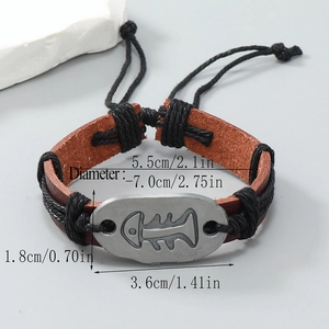 Vintage handmade nautical leather bracelet with engraved silver fishbone charm