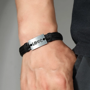 Retro multi-layer black braided leather bracelet with LOVE engraved metal plate charm