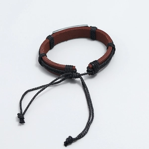 Vintage brown leather woven bracelet with metal plate and adjustable knot for men