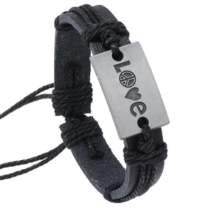 Vintage Woven Cowhide Leather Bracelet For Men Women Adjustable Drawstring Alloy Metal Love Plate Peace Sign Jewelry