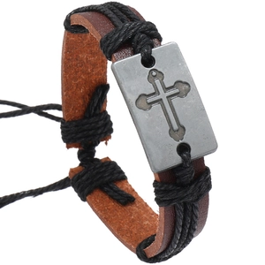 Bracciale Intrecciato a Mano in Pelle Vintage Con Piastra a Croce in Lega Regolabile Punk Gioielli Religiosi Regalo Uomo Donna
