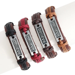 Vintage Hand Woven Cowhide Leather Bracelet Retro Alloy Believe Letter Plate Adjustable Punk Wristband Jewelry For Men Women