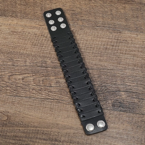Retro handmade multilayer braided black leather bracelet with adjustable silver snap buttons