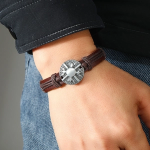 Men's retro braided leather bracelet with vintage metal cross emblem and adjustable cord