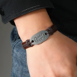 Men's vintage leather fishbone bracelet with brown braided ropes and silver charm