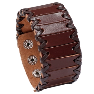 Retro multi-layer hand-woven dark brown leather bracelet with three metal snap buttons