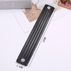 Black leather punk bracelet with triple parallel grooves and silver snap buttons, 23cm x 3.5cm