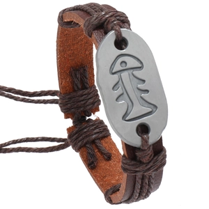Handmade Woven Synthetic Leather Fishbone Bracelet Vintage Punk Adjustable Nautical Style Alloy Charm Wristband For Men Women