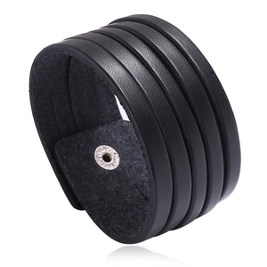 Wide Multi-layer Bracelet Cowhide Leather Punk Vintage Style Black Metal Snap Button For Men Women