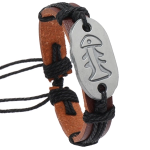 Handmade leather fishbone bracelet with vintage metal plate and nautical woven cord