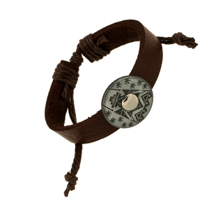 Vintage brown braided leather bracelet with engraved circular metal charm and pull-cord