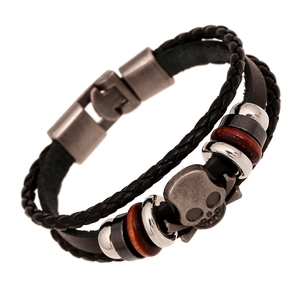 Punk Men Multi Layer Leather Bracelet Vintage Cowhide Braided Cord Alloy Skull Wood Beads Retro Biker Jewelry Handmade Wristband