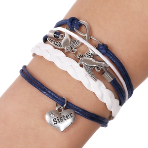 Bohemian Multilayer Braided Sister Heart Rhinestone Infinity Bird Charm Bracelet For Women Friendship Gift Alloy Wax Rope Jewelry