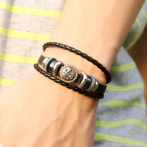 Vintage multi-layer leather bracelet with punk gear and wrench metal charm detail