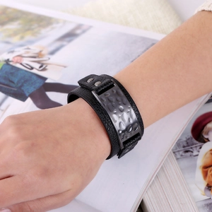 Black punk leather bracelet with textured hammer finish metal plate for men and women