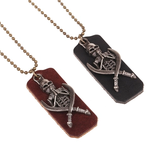 Vintage Punk Rock Skull Cross Swords Pendant Necklace Alloy Cowhide Leather Ball Chain Long Sweater Necklace Men Women Jewelry