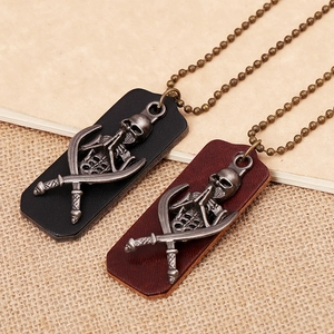 Vintage pirate skull and cross swords pendant necklace with leather base and beaded chain