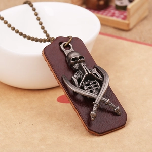 Vintage punk long sweater necklace with bronze bead chain and skull leather pendant