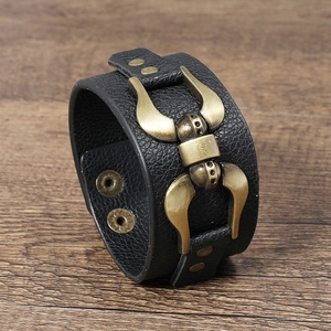 Minimalist punk black PU leather bracelet with vintage brass buckle and metal studs
