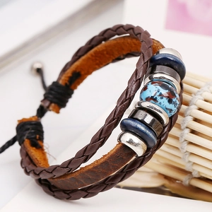 Retro multilayer woven brown leather bracelet with blue beads and adjustable closure