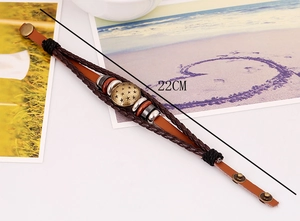 Detail view of multi-layer vintage leather bracelet with star charm and 22cm button clasp