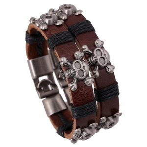 Punk Retro Genuine Leather Skull Bracelet For Men Women Cowhide Alloy Skeleton Bangle Gothic Rock Jewelry Accessory Gift