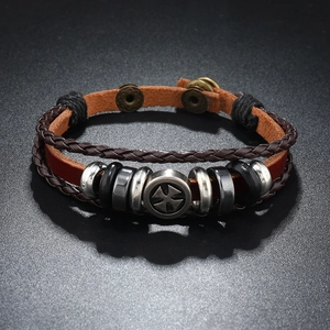 Retro multi-layer braided leather bracelet with vintage metal cross pendant and clasp