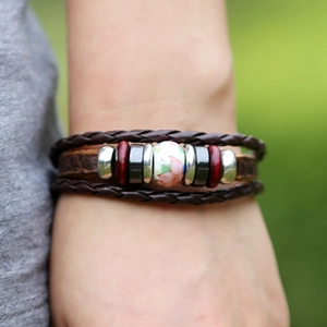 Retro multilayer braided leather bracelet with floral ceramic beads and metal accents