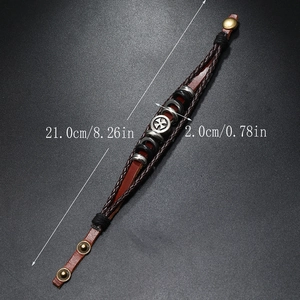 Cross charm multilayer braided leather bracelet for men in brown finish, 21cm length
