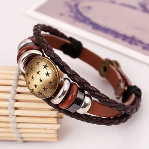 Retro multilayer genuine leather punk bracelet with bronze star pendant and braided cords
