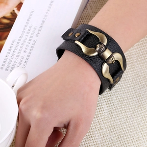 Minimalist punk black PU leather bracelet with retro bronze alloy buckle for men