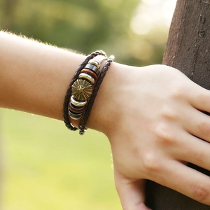 Retro multi-layer brown leather bracelet with star relief disc and metal beads