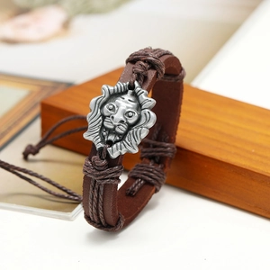 Retro brown braided leather bracelet for men featuring a vintage metal lion head charm