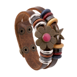 Handmade Vintage Genuine Cowhide Leather Multi-layered Bracelet For Men Punk Bohemian Style Bronze Flower Star Charm Jewelry