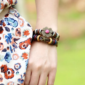Vintage bohemian double-layer leather bracelet with bronze flower and colorful beads