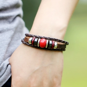 Handmade multilayer braided leather bracelet for men featuring retro red and silver beads